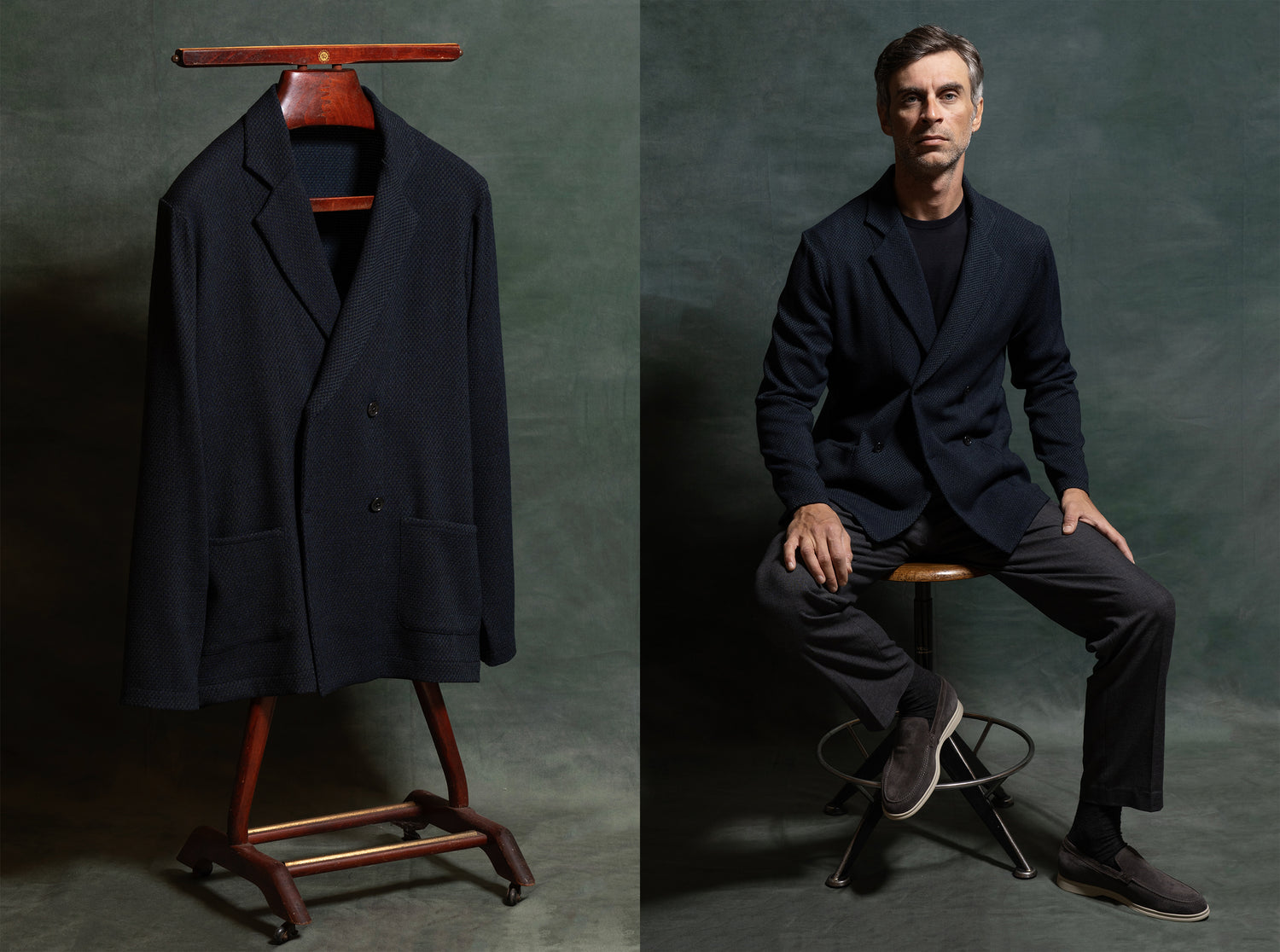 Giacca doppiopetto da uomo modello Tortona realizzata in jersey di lana blu amisuraduomo sartoria Milano